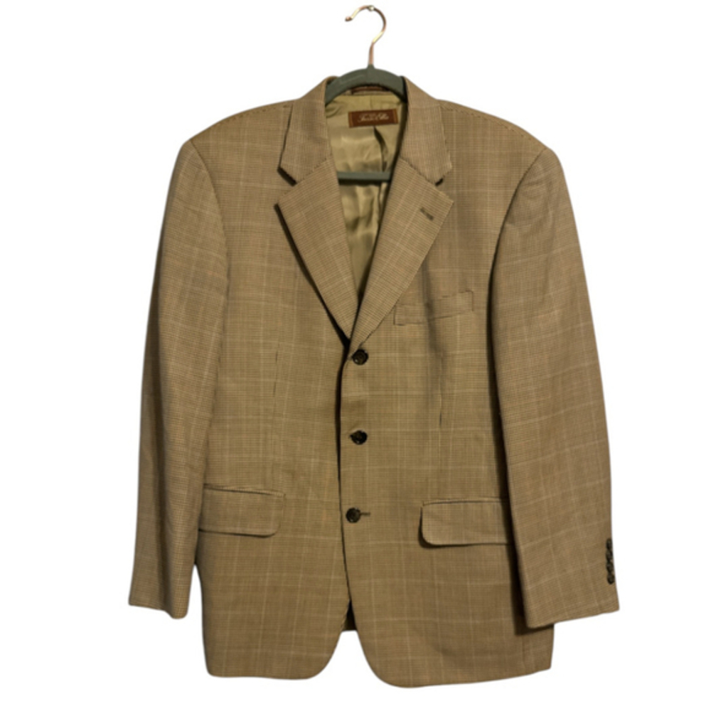 Tasso Elba Wool Houndstooth Plaid Blazer Camel Brown Italian Fabric 38S